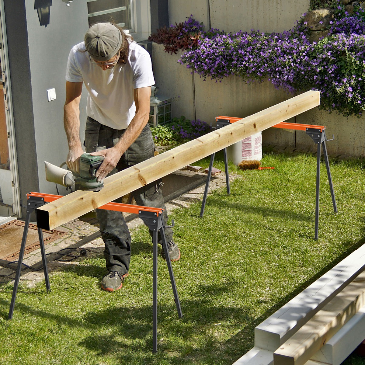 2 Pack Portable Saw Horse Work Table with Quick Open Legs and Support Arms-Orange