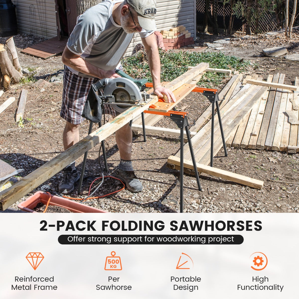 2 Pack Portable Saw Horse Work Table with Quick Open Legs and Support Arms-Orange