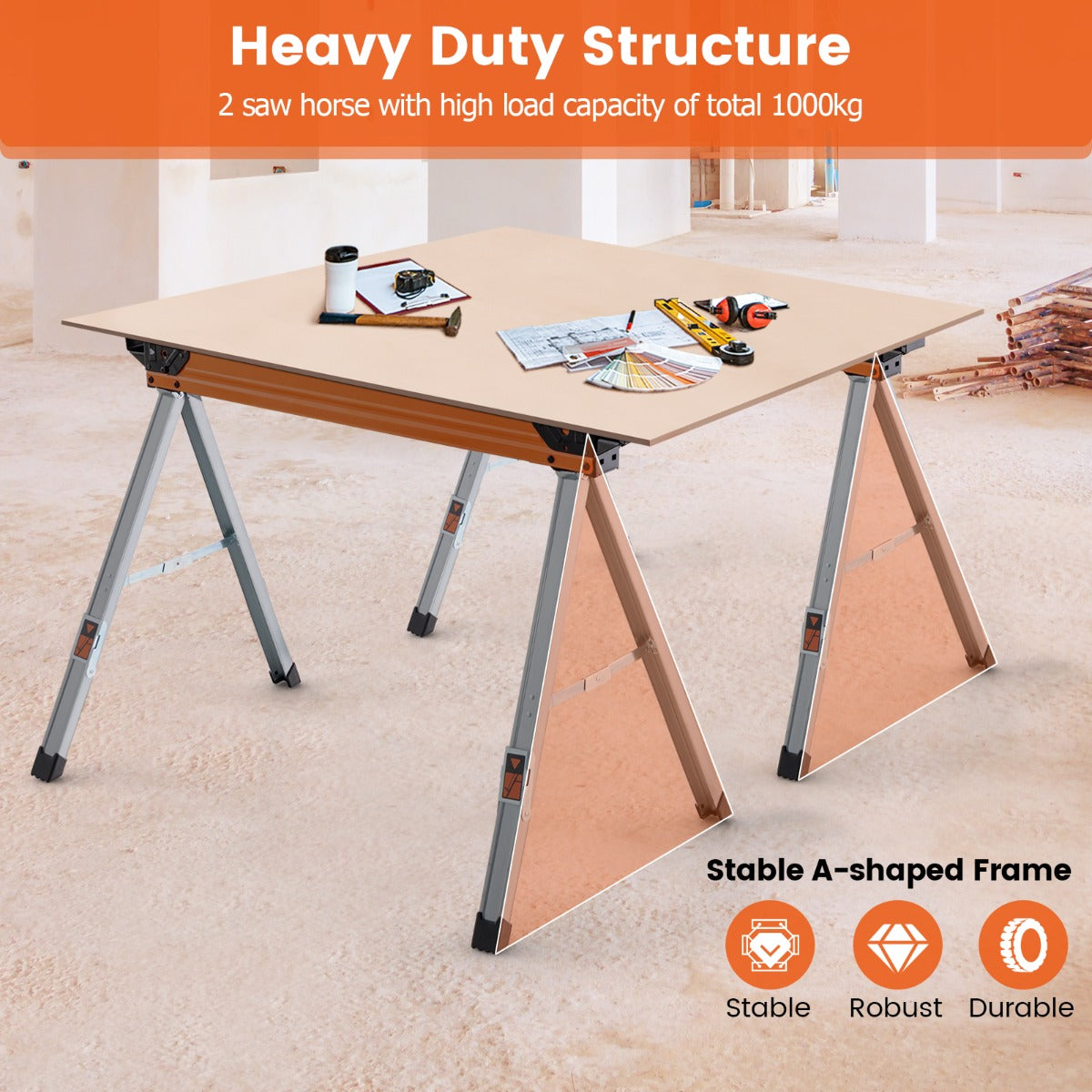 2 Pack Saw Horses with Folding Design Non-slip Pads and Surface-Orange