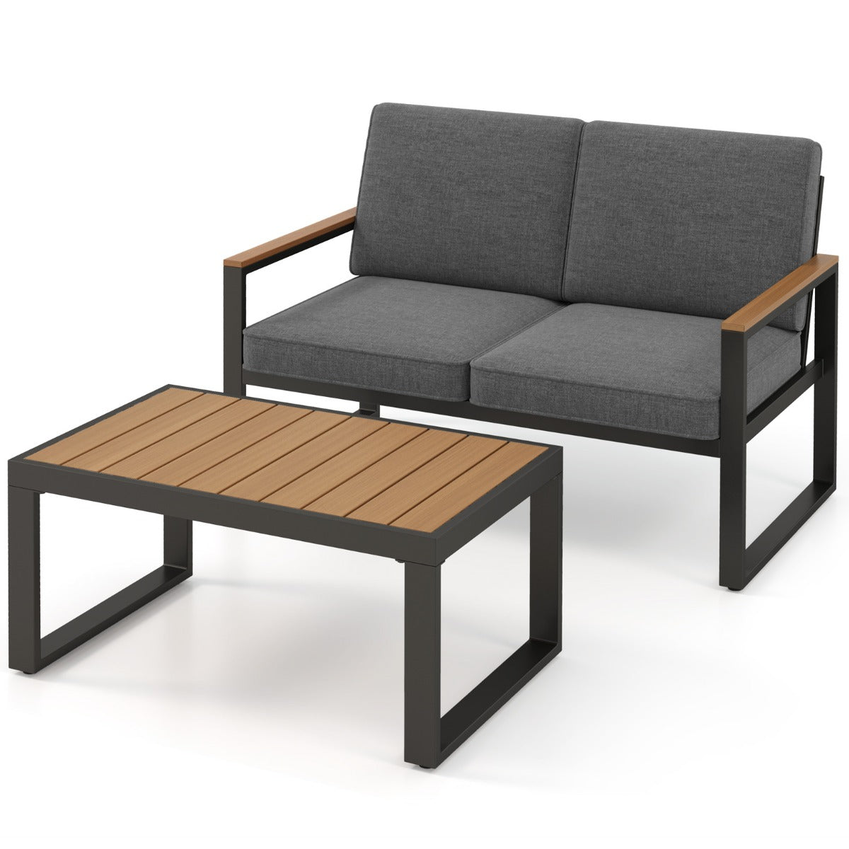 2 Piece Patio Aluminum Furniture Set with Wood-Plastic Armrests and Tabletop-Grey