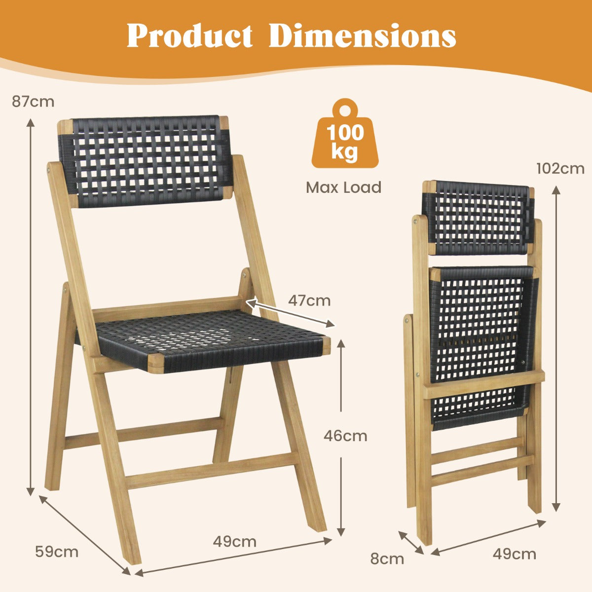 2 Piece Patio Folding Chairs with Woven Rope Seat and Back