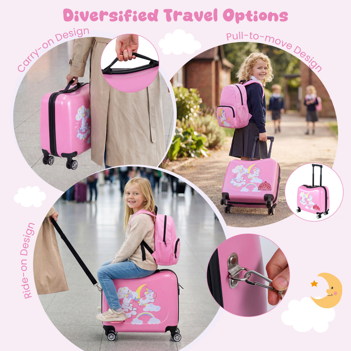 2 Pieces Kid Luggage Set with Spinner Wheels and Lanyard for Carry Strap-Pink