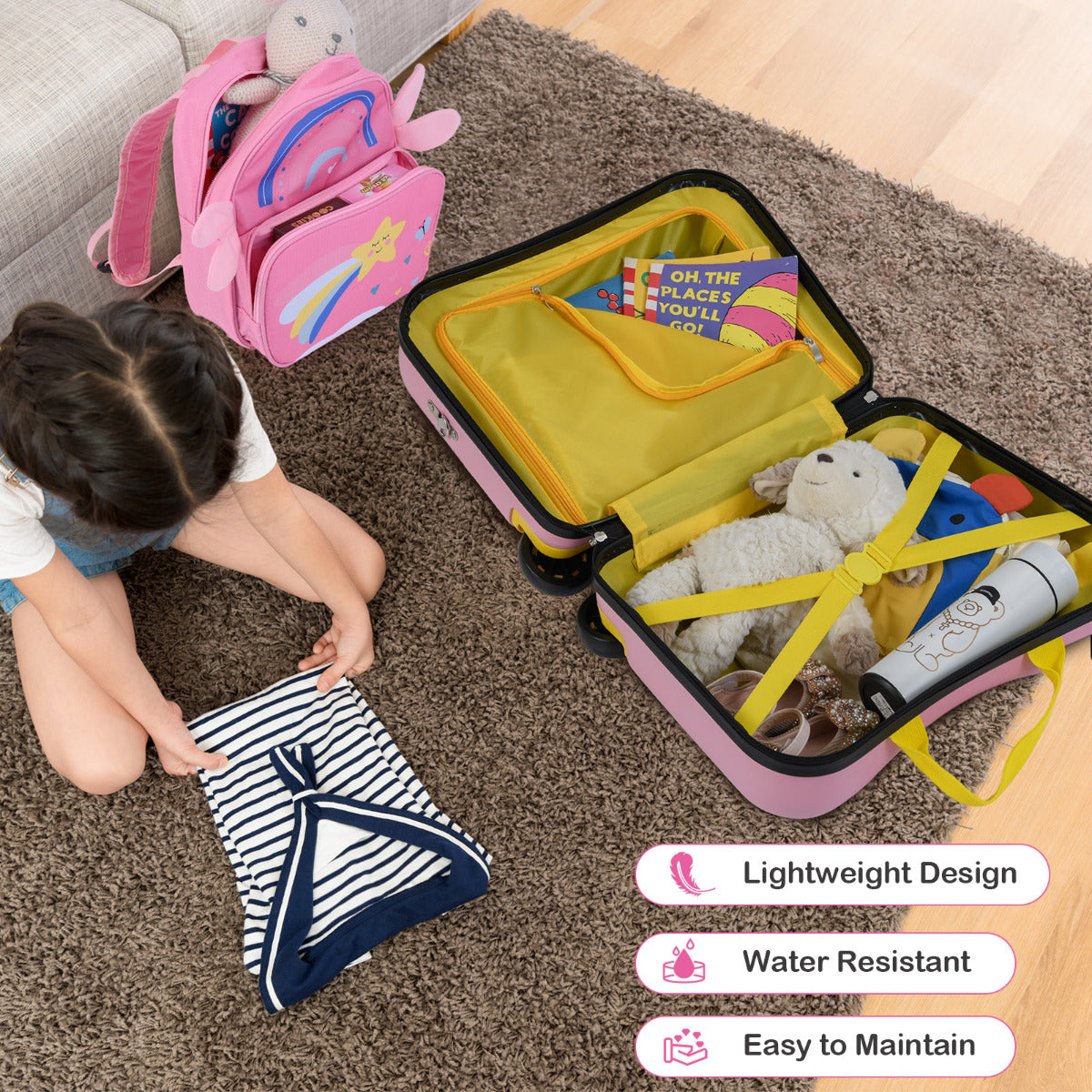 2 Pieces Kids Luggage Set with Spinner Wheels and Anti-Lose Rope-Light Pink