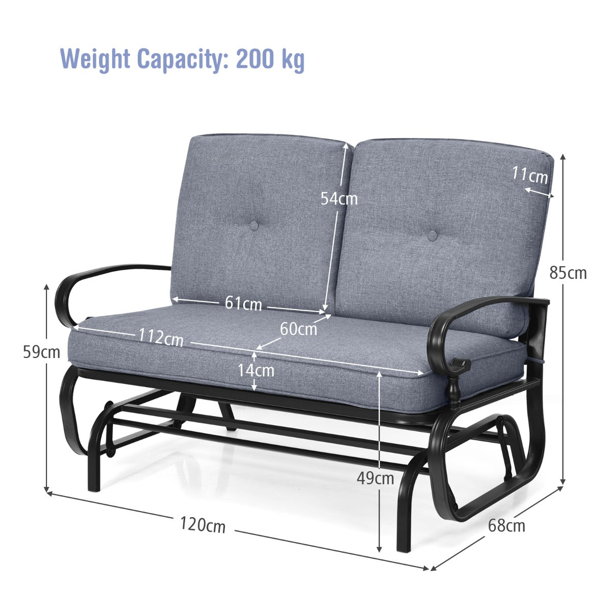 2-Person Patio Glider Chair with Cushions-Grey