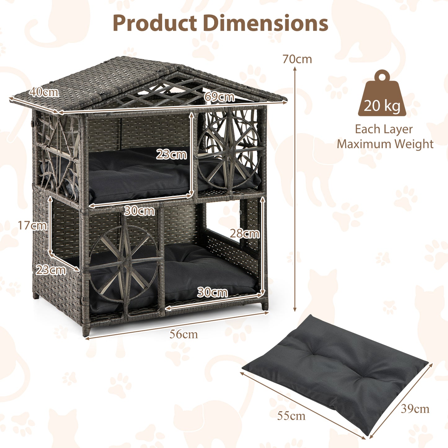 2-storey Wicker Cat House with Removable Cushions-Grey