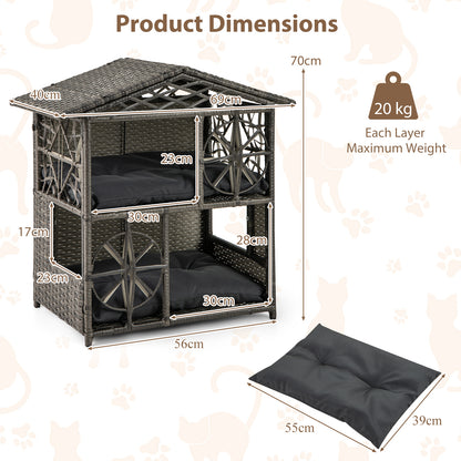 2-storey Wicker Cat House with Removable Cushions-Grey