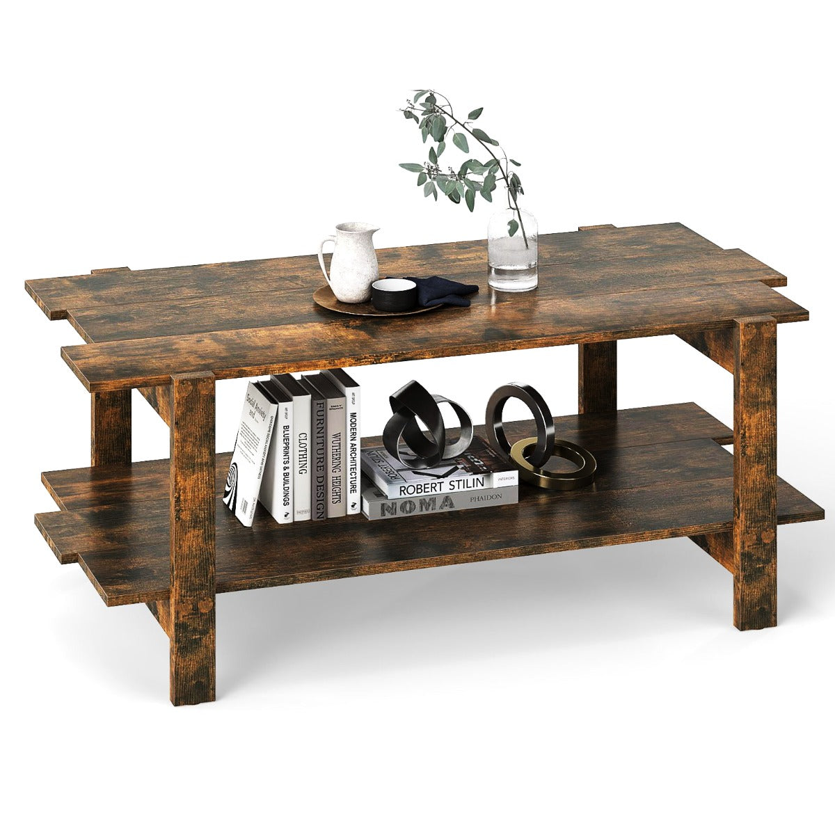 2-Tier Coffee Table with Storage Shelf for Living Room-Walnut