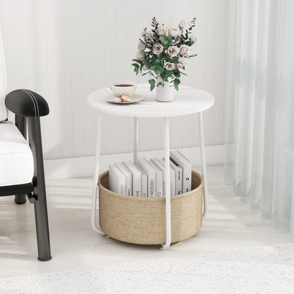 2-Tier End Table with Fabric Storage Basket and Metal Frame-White