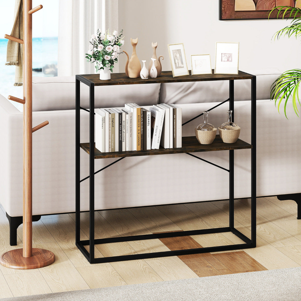 2-Tier Entryway Table with Marble Textured Open Shelves and Metal Frame-Rustic Brown