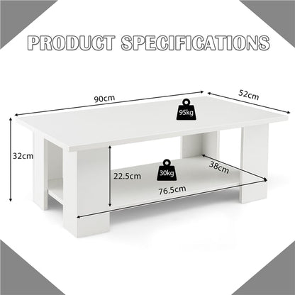 2-Tier Wooden Coffee Table with Storage Shelf and 5 Support Legs-White