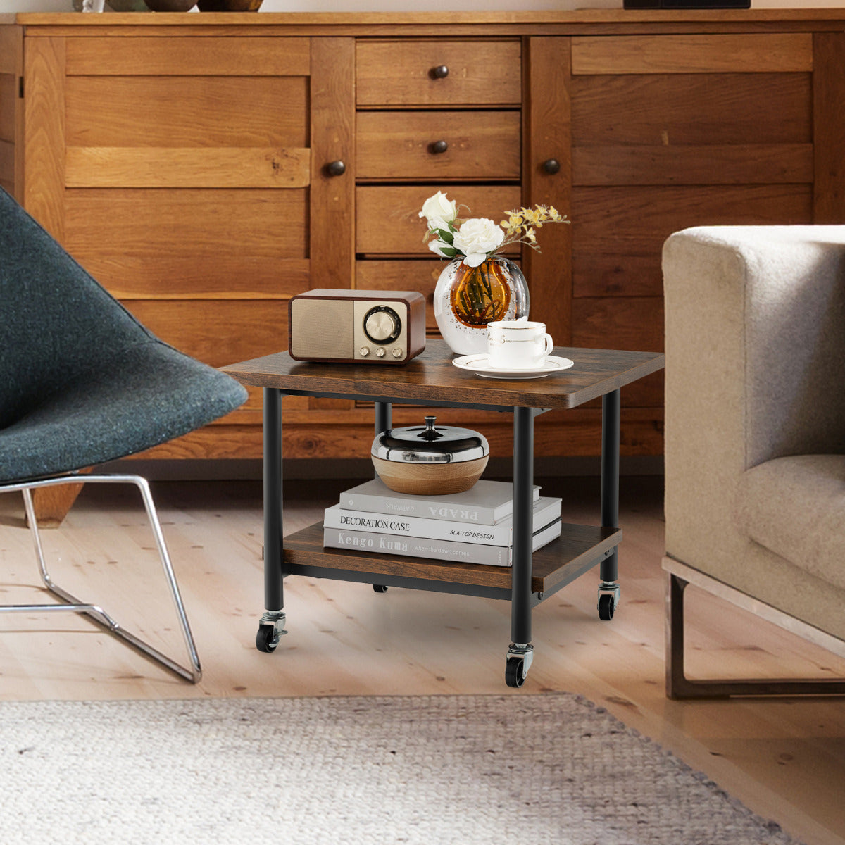 2 Tier Wooden Printer Stand with 360° Swivel Casters-Brown