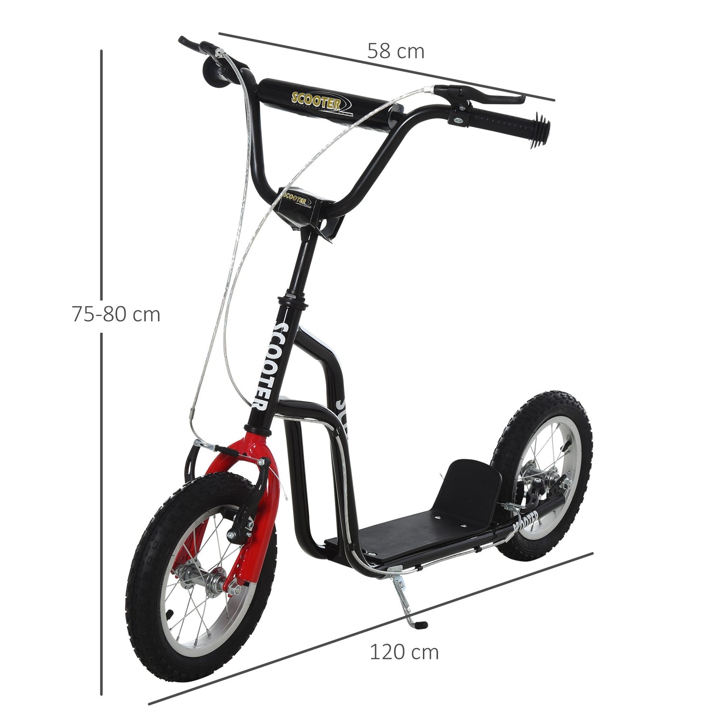 HOMCOM Teen Kick Scooter with Adjustable Handlebar, Inflatable Wheels, Two Brakes, Black