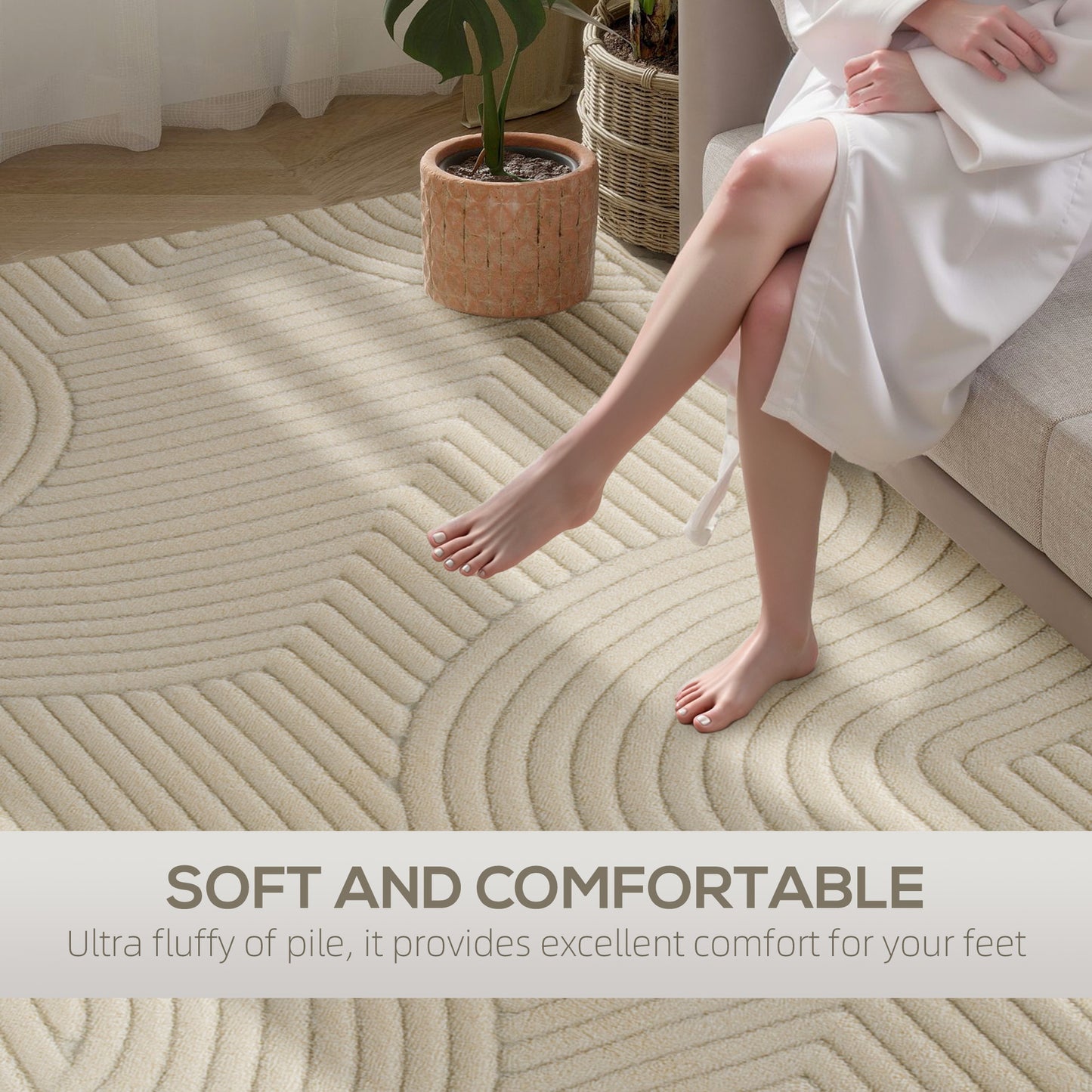 HOMCOM Modern Geometric Rug, Thick & Plush, Non-Slip, 160 x 120 cm â Cream, Living Room/Bedroom/Office