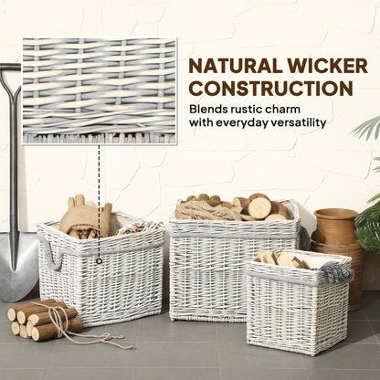 Outsunny Set of 3 Log Baskets for Wood Burner Indoor, Round Storage Basket with Lining and Rope Handles for Fireside Storage, Blankets, Beige