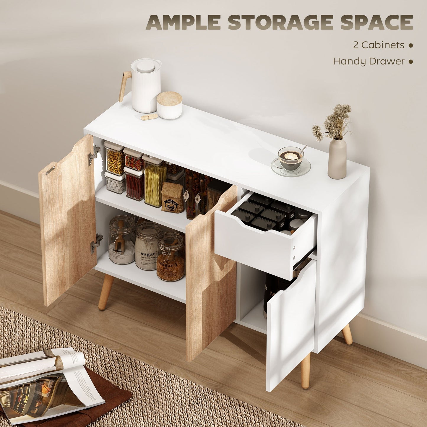 HOMCOM Sideboard Floor Standing Storage Cabinet with Drawer for Bedroom, Living Room, Home Office, Natural
