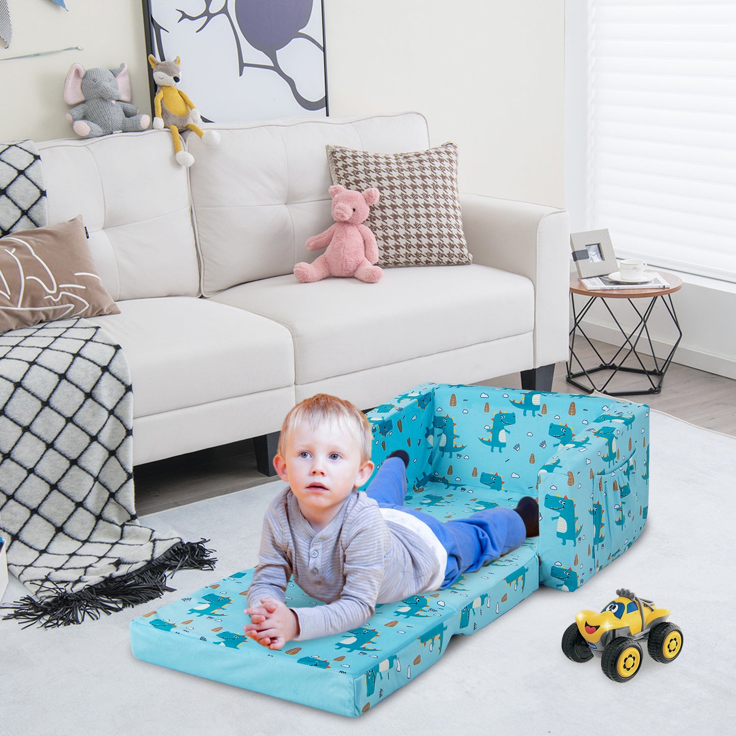 2-in-1 Toddler Fold-Out Couch Convertible Sofa with Side Pockets-Blue