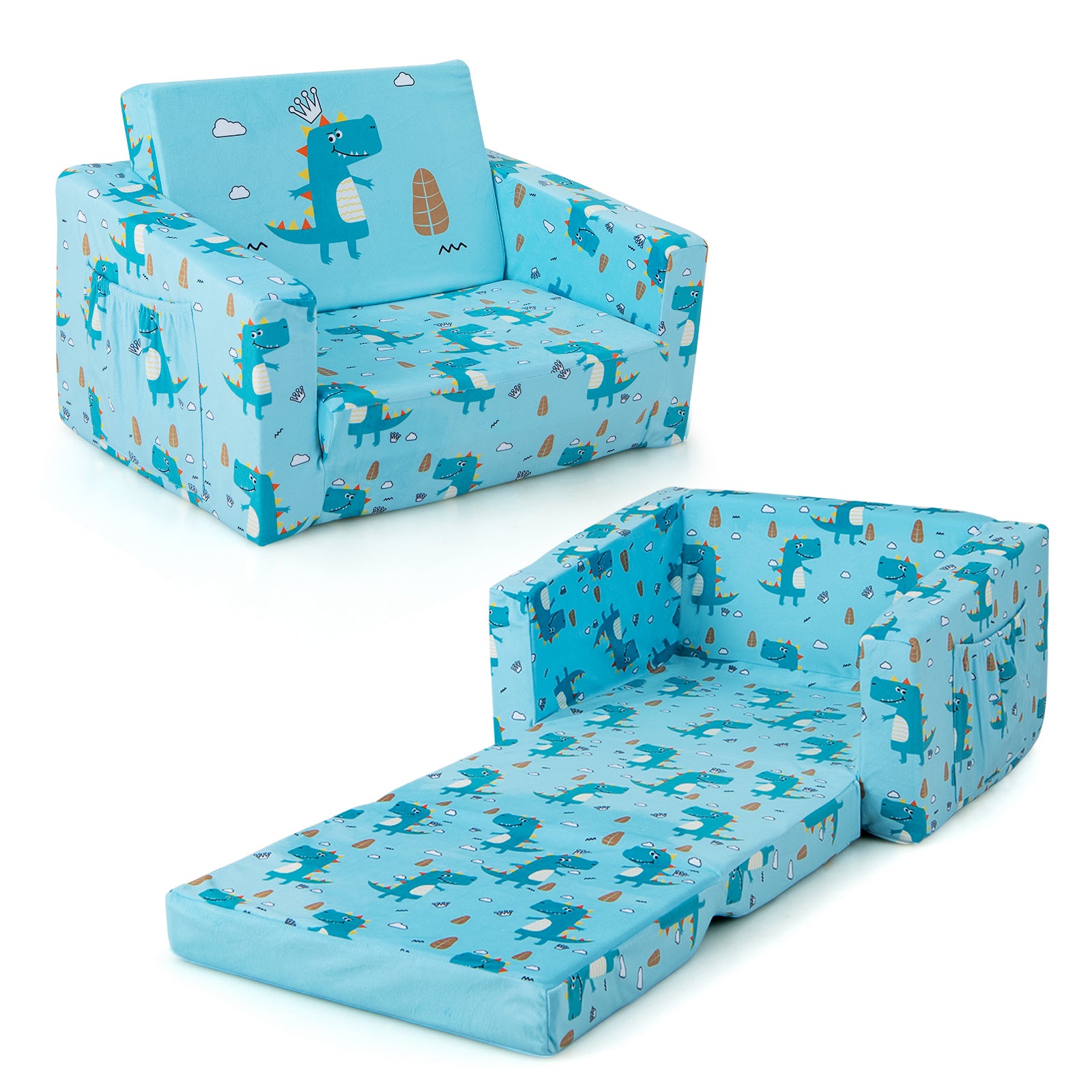 2-in-1 Toddler Fold-Out Couch Convertible Sofa with Side Pockets-Blue