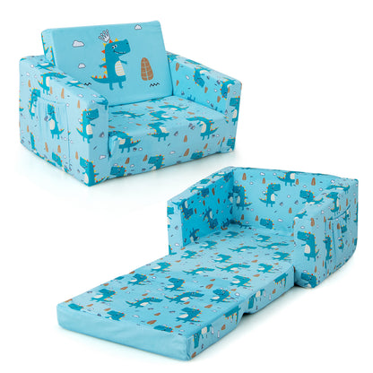 2-in-1 Toddler Fold-Out Couch Convertible Sofa with Side Pockets-Blue