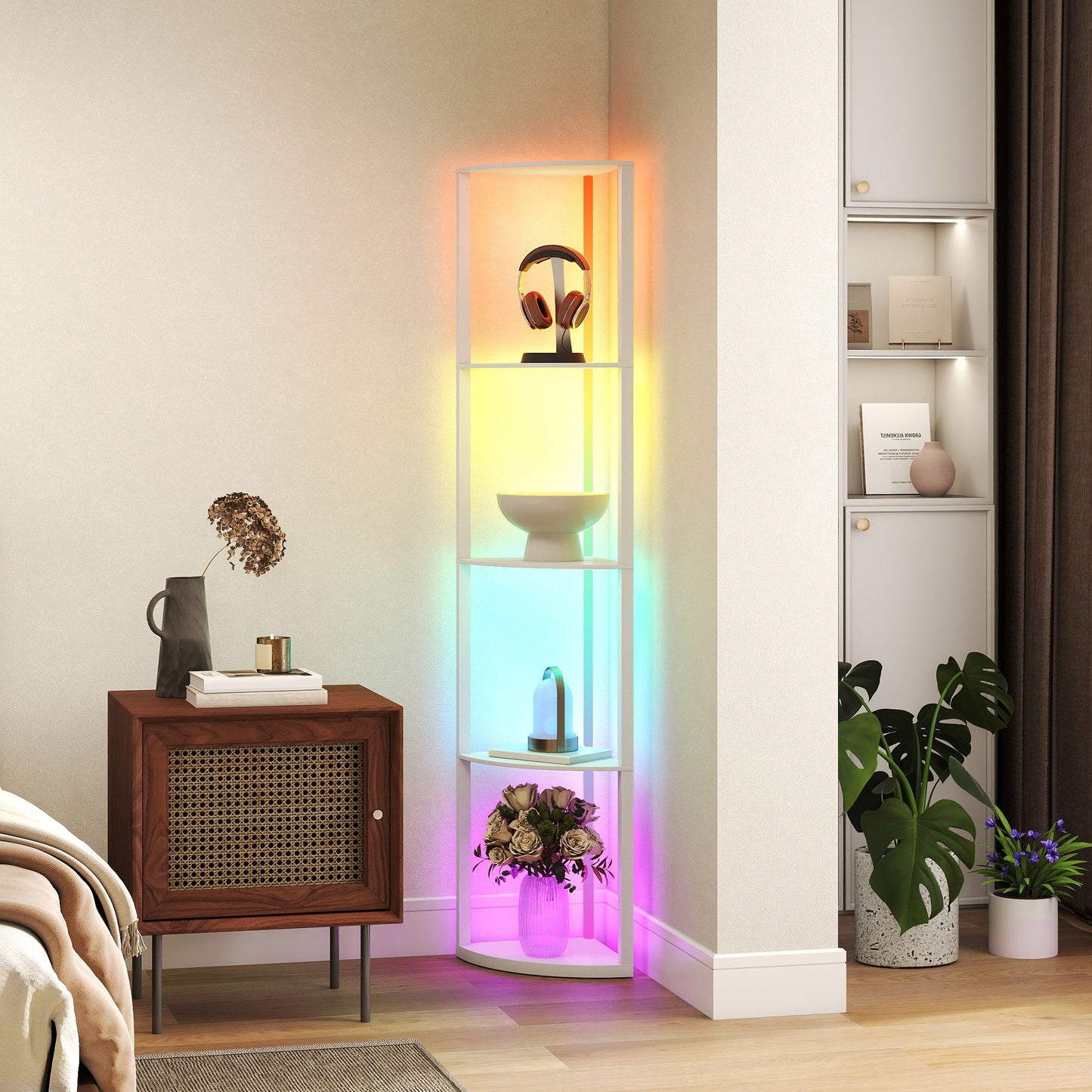 HOMCOM RGB LED Floor Lamp with Shelves, 5-Tier Dimmable Standing Lamp with Adjustable Brightness and Remote Control, Modern Corner Display Shelf Unit for Living Room Bedroom Office, White