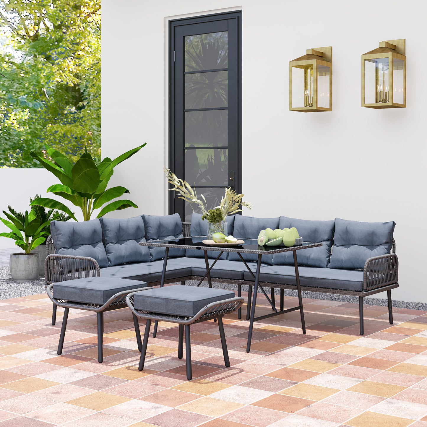 Outsunny 6 Piece Rattan Garden Furniture Set, 8 Seater Garden Corner Sofa with Cushions and Glass Top Table, Sectional Outdoor Furniture Conservatory Set for Patio, Charcoal Grey