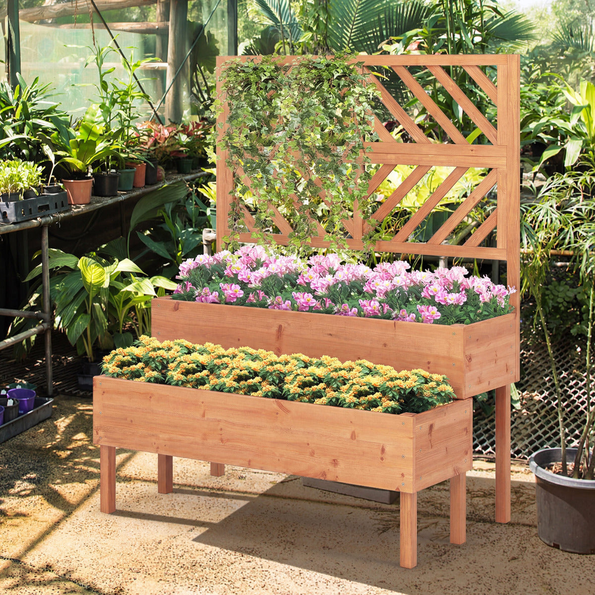 2-Tier Raised Garden Bed with Trellis and Drainage Hole-Orange