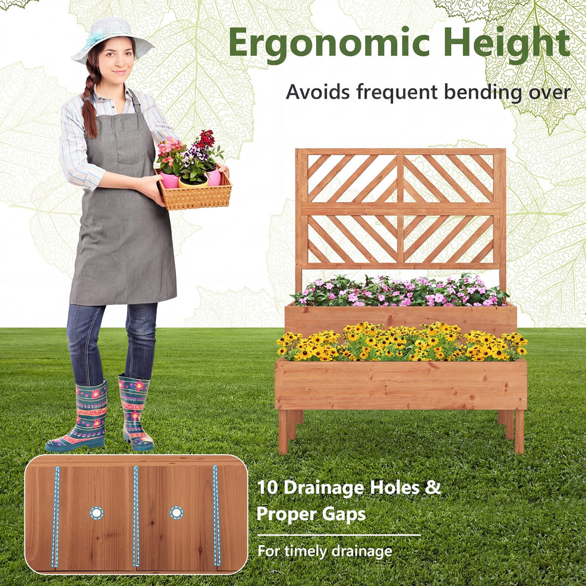 2-Tier Raised Garden Bed with Trellis and Drainage Hole-Orange