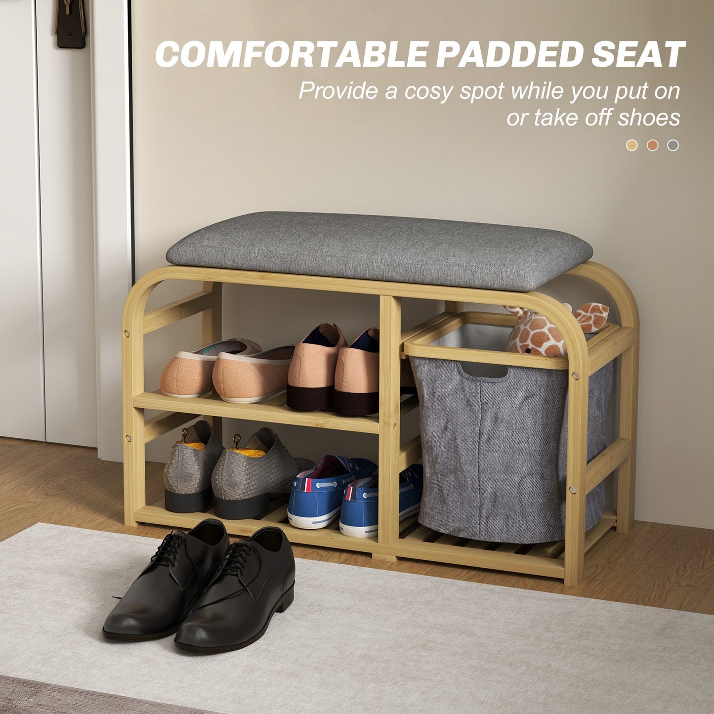 HOMCOM Bamboo Shoe Rack Bench with Padded Seat - Nature Wood Finish
