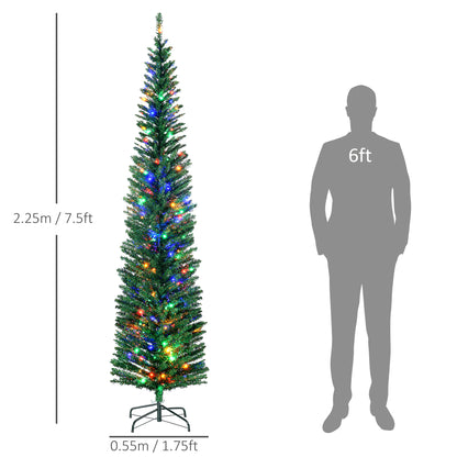 HOMCOM 7.5' Artificial Prelit Christmas Trees Holiday DÃ©cor with Colourful LED Lights, Pencil Shape, Steel Base