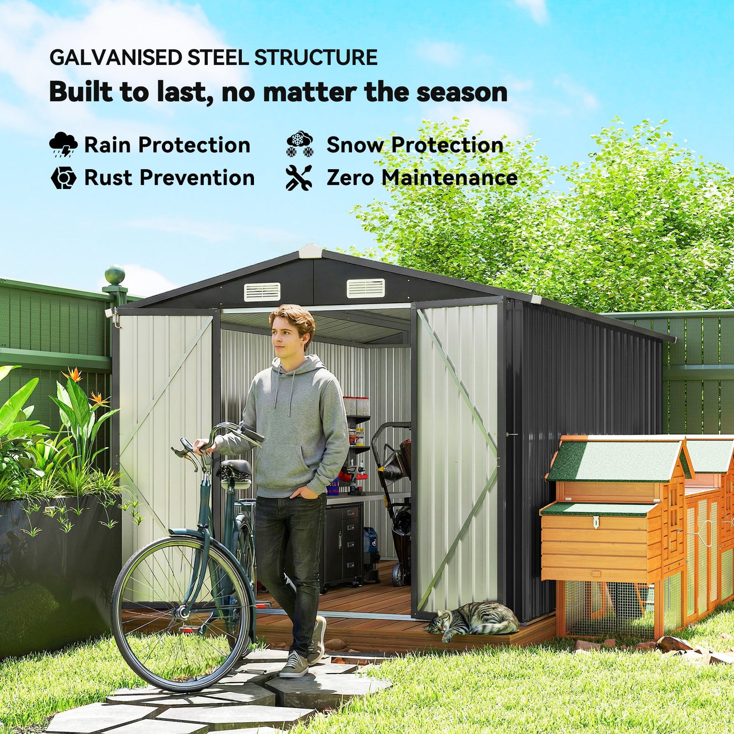 Outsunny 12 x 8 ft Garden Shed, Outdoor Storage Shed with 4 Vents and Lockable Double Doors, Dark Grey