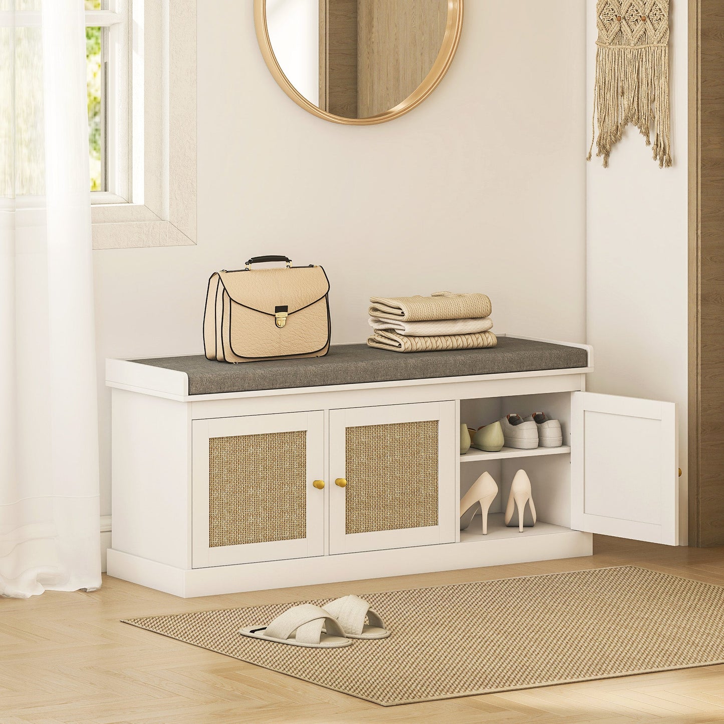 HOMCOM Shoe Storage Bench with Woven Rattan Doors, Seat - White