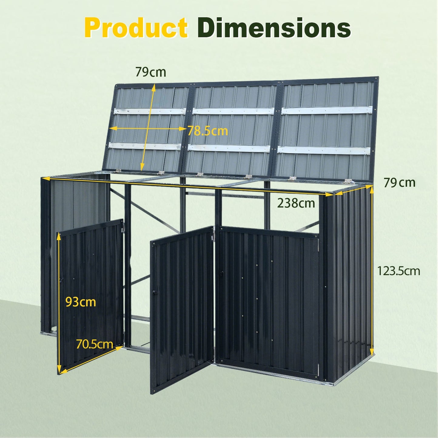 3-Bin Metal Trash Shed with Flip-Up Lids and Lockable Doors for Backyard-Grey