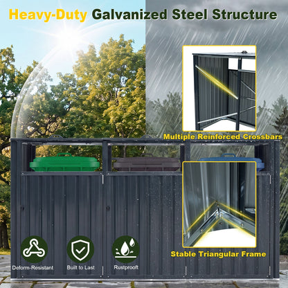 3-Bin Metal Trash Shed with Flip-Up Lids and Lockable Doors for Backyard-Grey