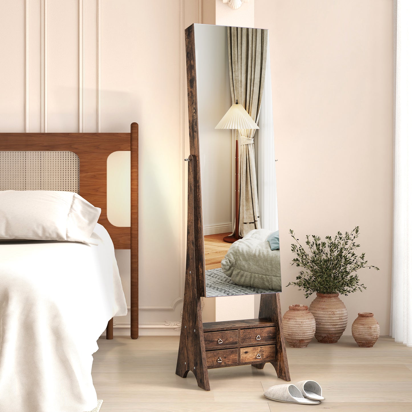 3-Color LED Lighted Jewelry Cabinet with Full-Length Mirror and Adjustable Tilt Angles-Rustic Brown
