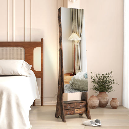 3-Color LED Lighted Jewelry Cabinet with Full-Length Mirror and Adjustable Tilt Angles-Rustic Brown