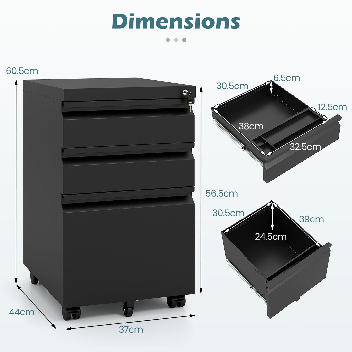 3-Drawer Mobile File Cabinet with 5 Casters and 2 Keys for A4-Black