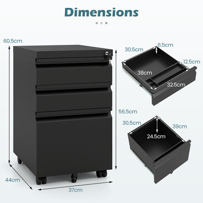 3-Drawer Mobile File Cabinet with 5 Casters and 2 Keys for A4-Black