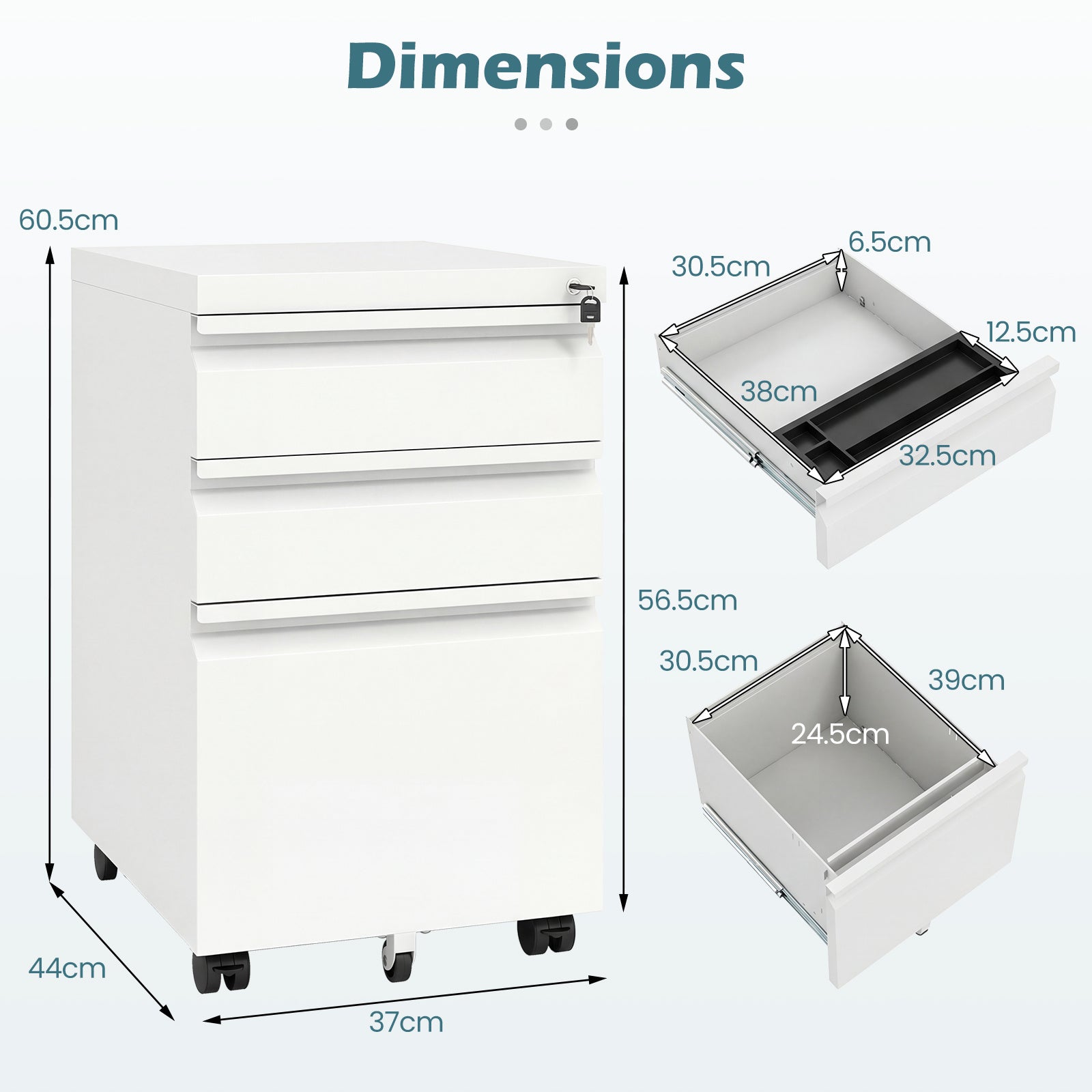 3-Drawer Mobile File Cabinet with 5 Casters and 2 Keys for A4-White