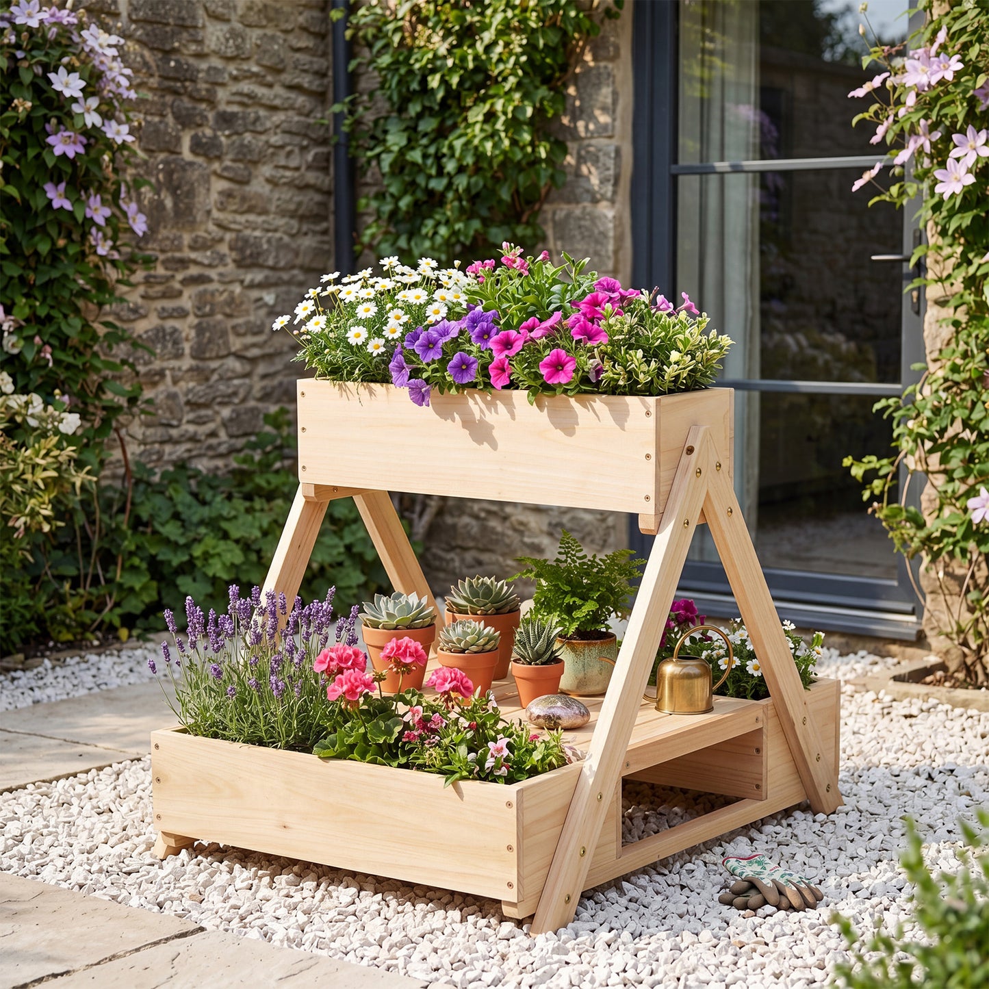 3 Fir Wooden Planter Boxes with Open Storage Shelf and 3 Drainage Holes-Natural