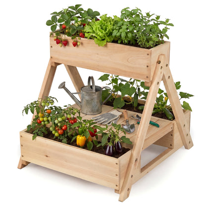 3 Fir Wooden Planter Boxes with Open Storage Shelf and 3 Drainage Holes-Natural