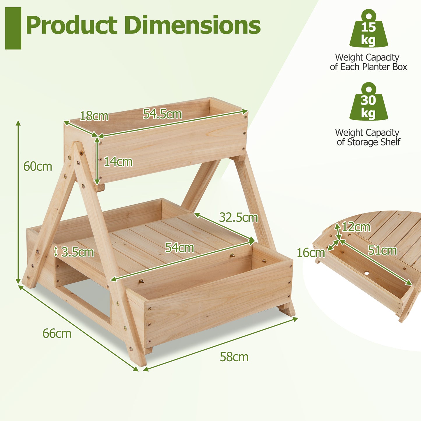 3 Fir Wooden Planter Boxes with Open Storage Shelf and 3 Drainage Holes-Natural