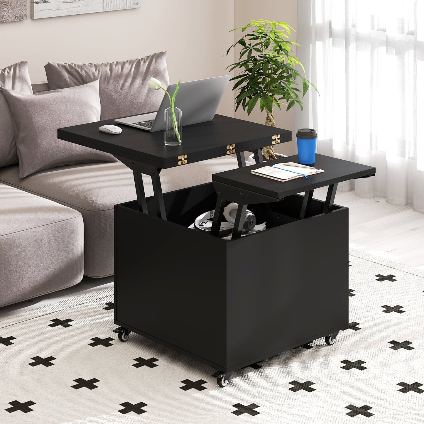 3-In-1 Lift Top Coffee Table with Hidden Storage Drawers and 360° Lockable Wheels-Black
