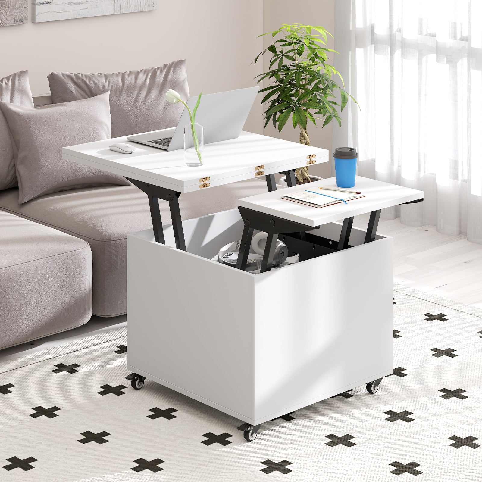 3-In-1 Lift Top Coffee Table with Hidden Storage Drawers and  360° Lockable Wheels-White
