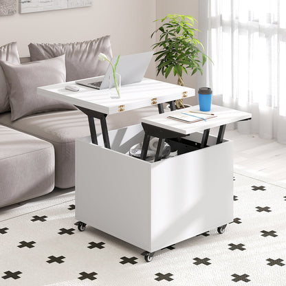 3-In-1 Lift Top Coffee Table with Hidden Storage Drawers and  360° Lockable Wheels-White