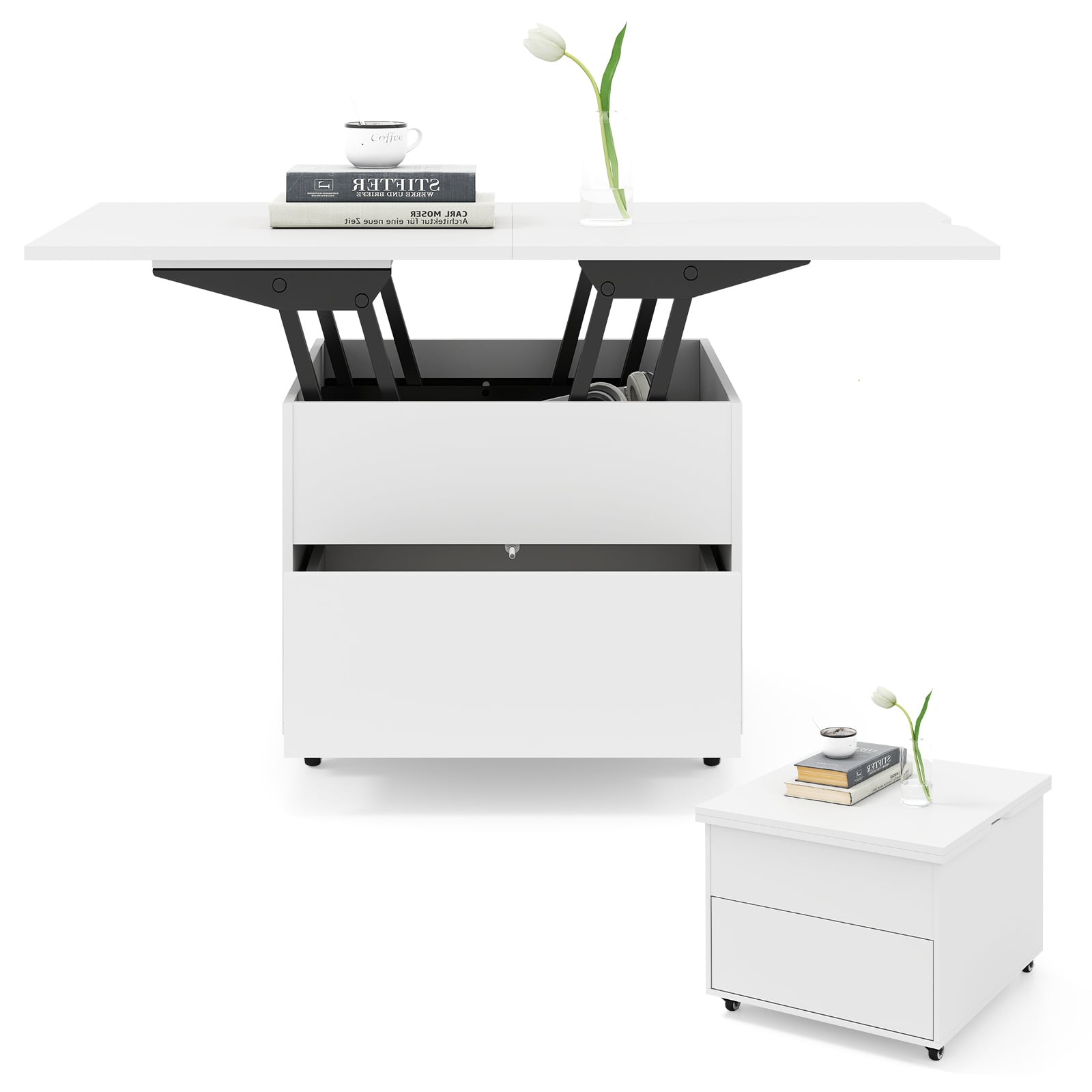 3-In-1 Lift Top Coffee Table with Hidden Storage Drawers and  360° Lockable Wheels-White
