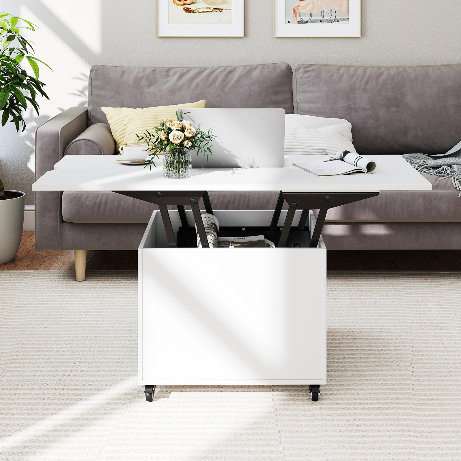 3-In-1 Lift Top Coffee Table with Hidden Storage Drawers and  360° Lockable Wheels-White