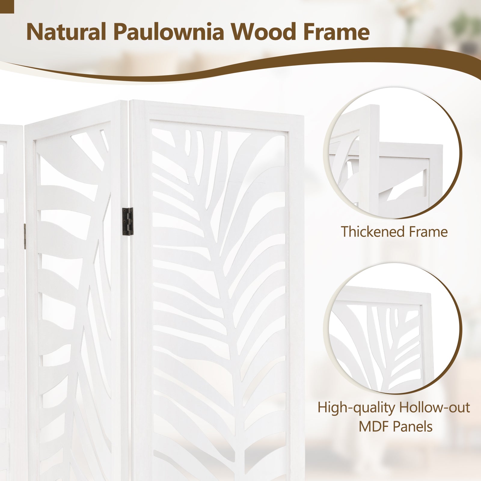 3-Panel Room Divider 170 cm Freestanding Privacy Screen with Natural Paulownia Wood Frame-White