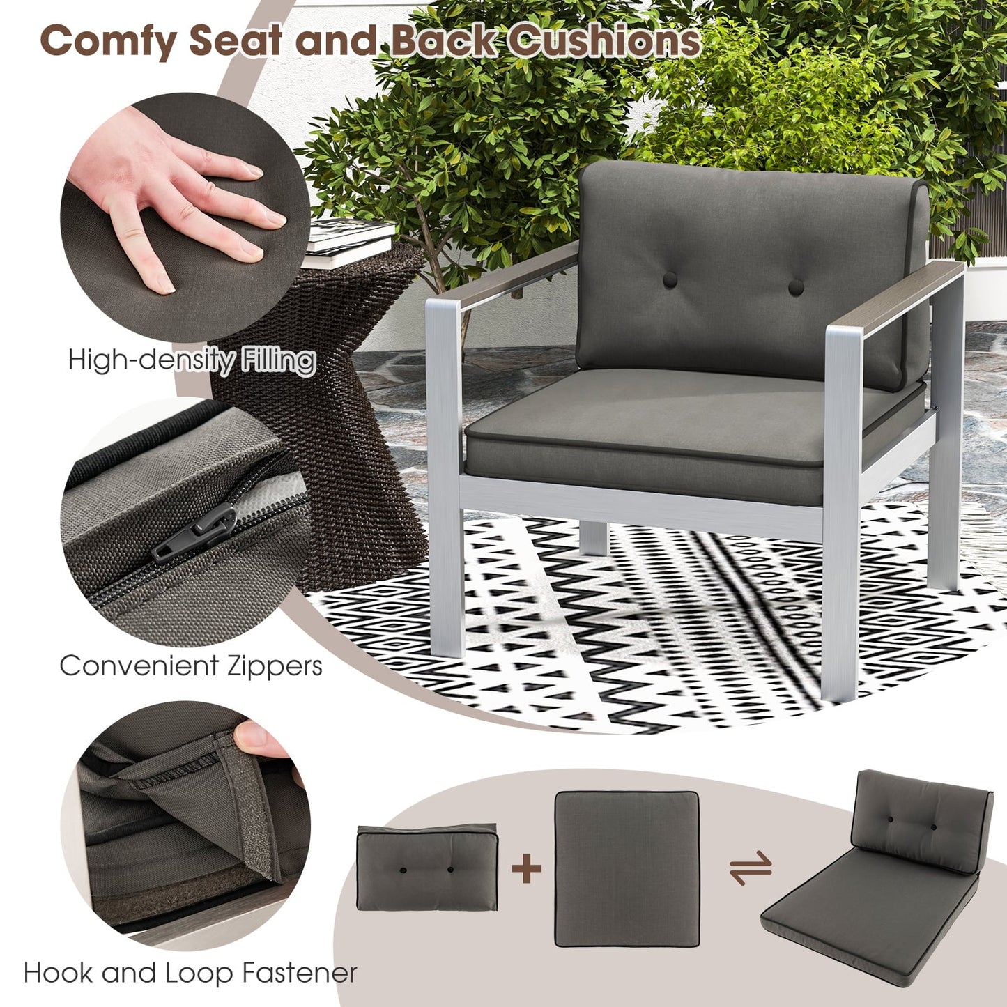3-Piece Aluminum Patio Set with Cushions for Garden Backyard Poolside-Grey