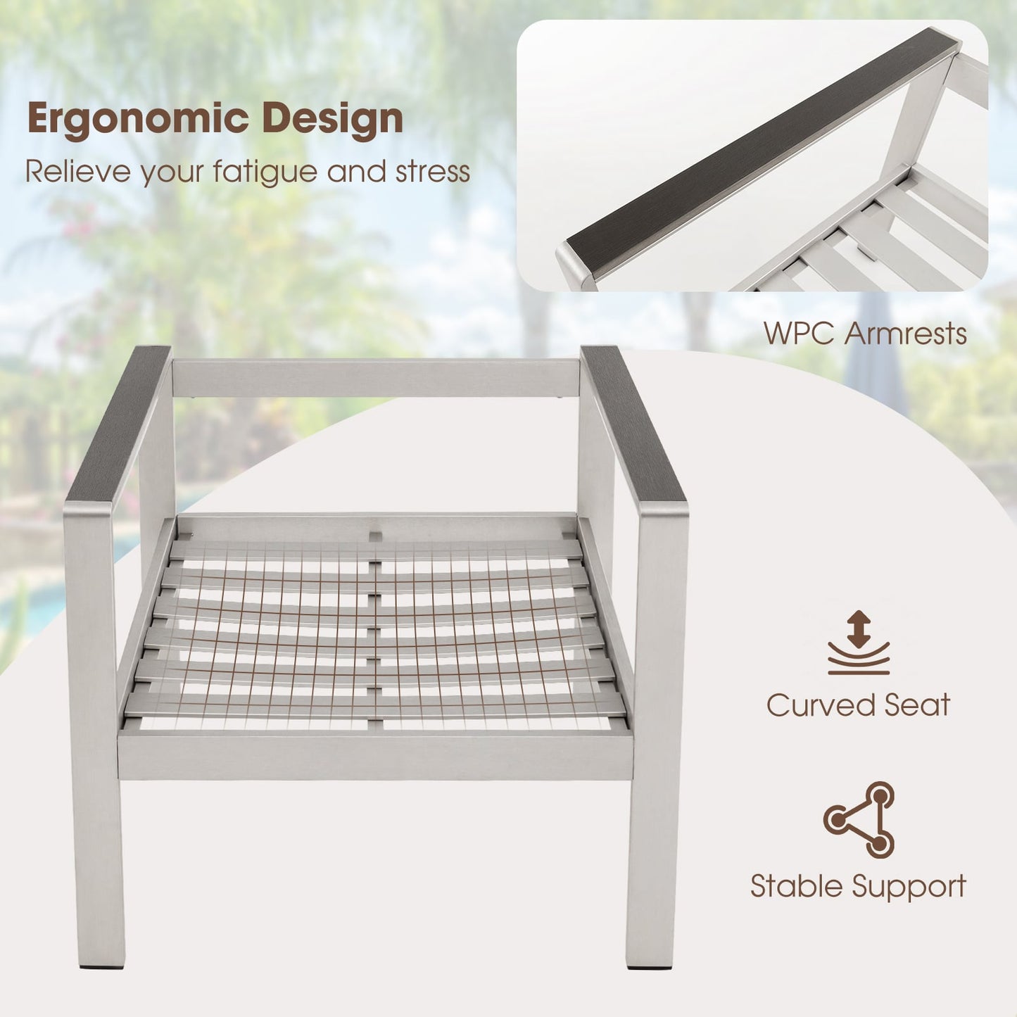 3-Piece Aluminum Patio Set with Cushions for Garden Backyard Poolside-Grey