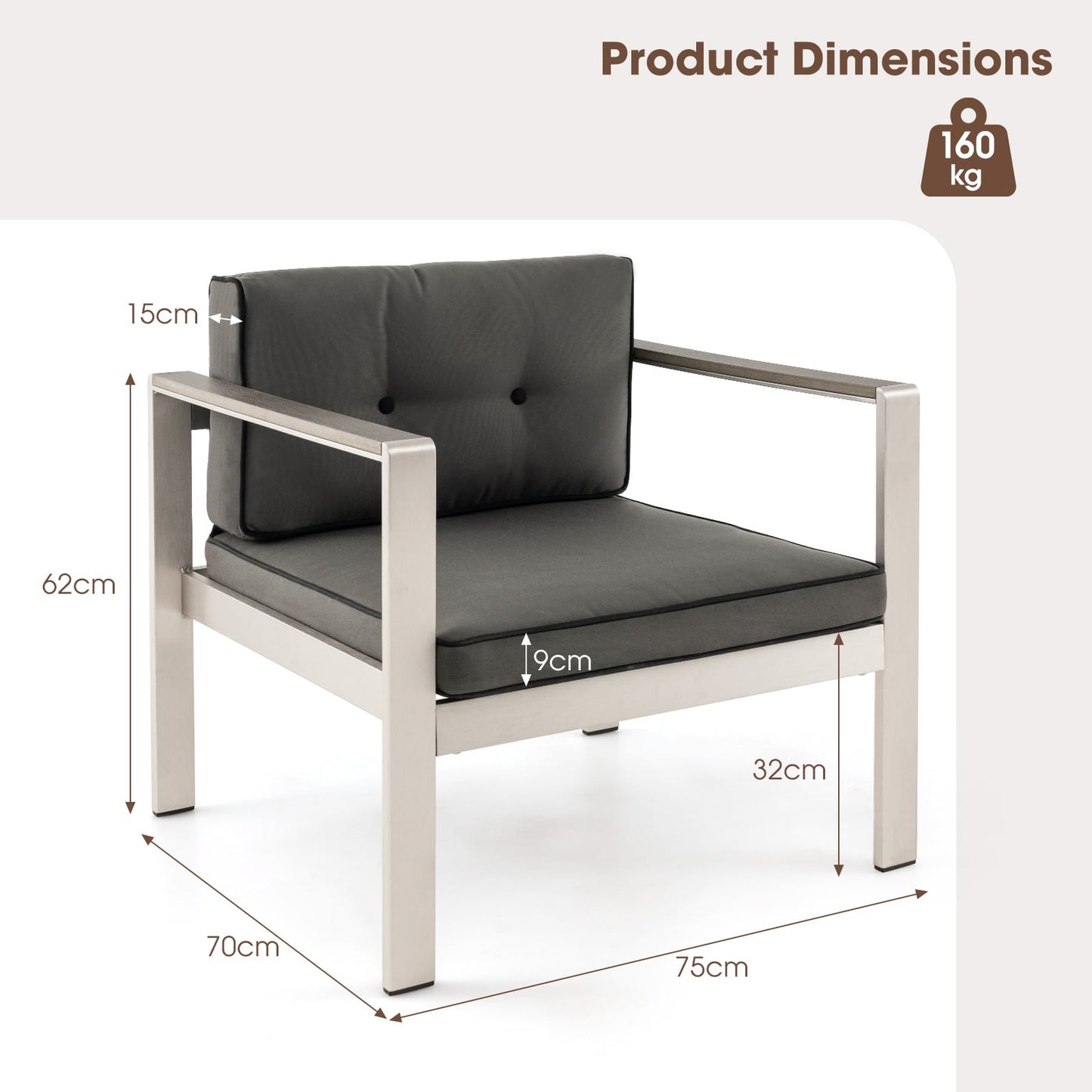 3-Piece Aluminum Patio Set with Cushions for Garden Backyard Poolside-Grey