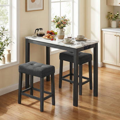 3-Piece Bar Table Set with Charging Station Modern Counter Height Breakfast Table with Faux Marble Top-White